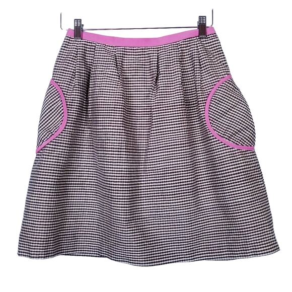 Anthropologie Julie Haus Pink Cream Chocolate Brown Check 100% Silk Skirt Size 4 - Picture 1 of 6